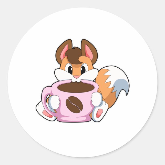 Fox with Cup of Coffee Classic Round Sticker (Front)
