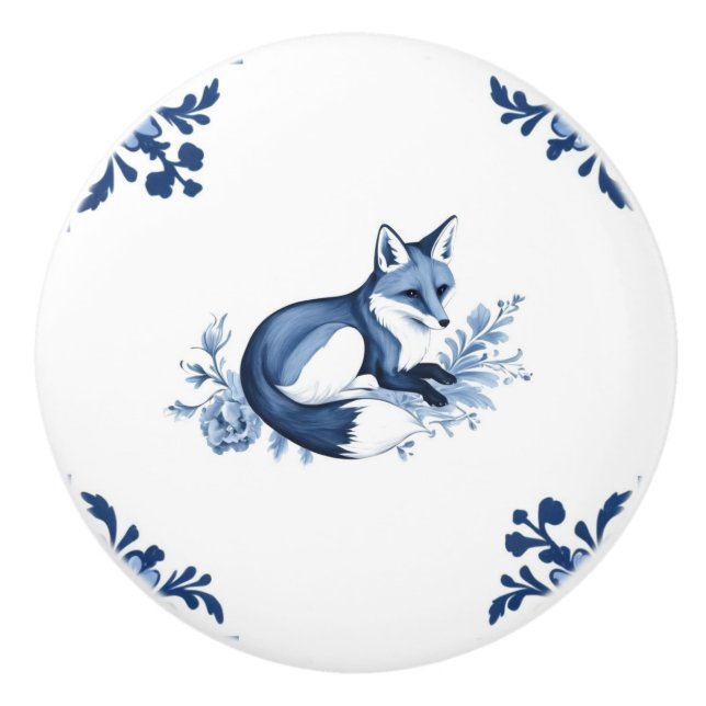 Fox with Delft Blue and White Corner Flourish Ceramic Knob (Front)