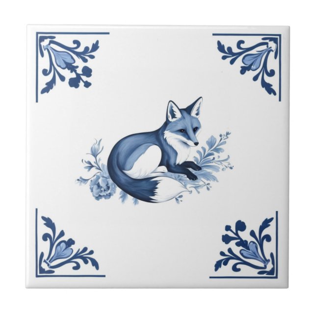 Fox with Delft Blue and White Corner Flourish Ceramic Tile (Front)