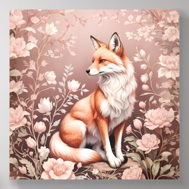 Fox With Dreamy Pink Floral Acrylic Photo Tile (Front Set)