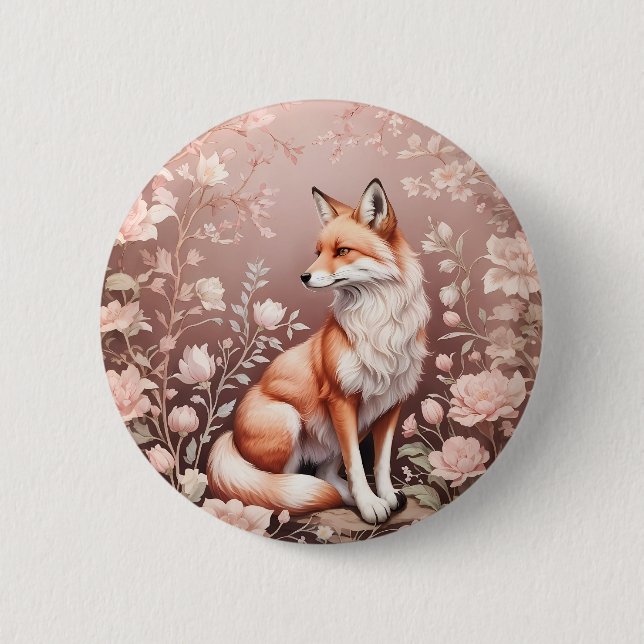 Fox With Dreamy Pink Floral Button (Front)