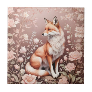 Fox With Dreamy Pink Floral Ceramic Tile