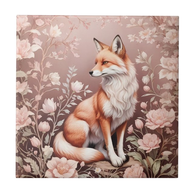 Fox With Dreamy Pink Floral Ceramic Tile (Front)