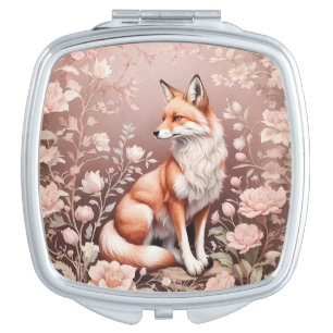 Fox With Dreamy Pink Floral Compact Mirror