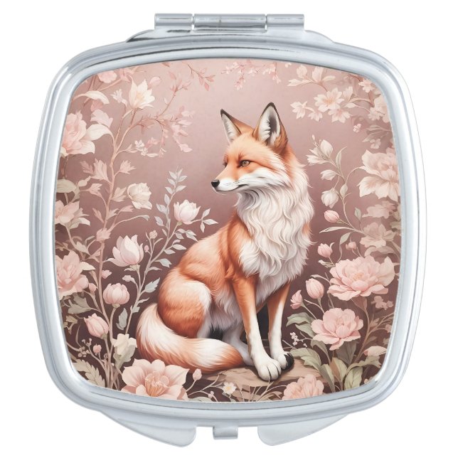 Fox With Dreamy Pink Floral Compact Mirror (Front)