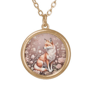 Fox With Dreamy Pink Floral Gold Plated Necklace