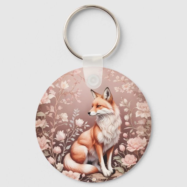 Fox With Dreamy Pink Floral Keychain (Front)