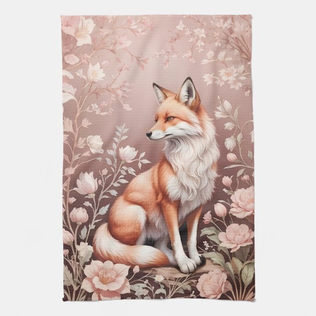 Fox With Dreamy Pink Floral Kitchen Towel (Vertical)