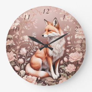 Fox With Dreamy Pink Floral Large Clock