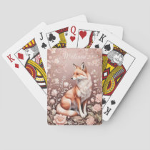 Fox With Dreamy Pink Floral - Personalized Name Poker Cards