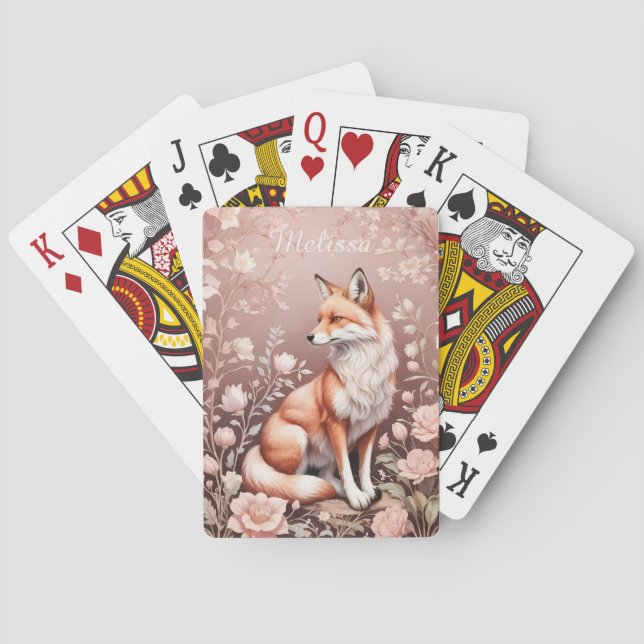 Fox With Dreamy Pink Floral - Personalized Name Poker Cards (Back)