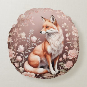 Fox With Dreamy Pink Floral Round Pillow