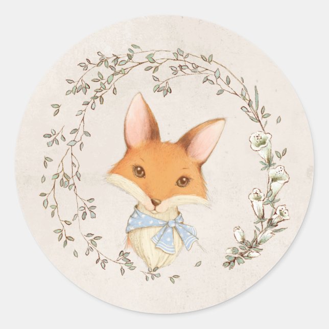 Fox with Floral Wreath Blue Envelope Seal (Front)
