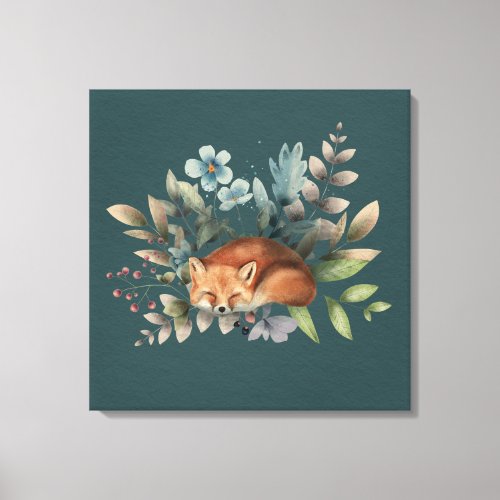 Fox With Flowers Cute Woodland Animal Art Painting Canvas Print