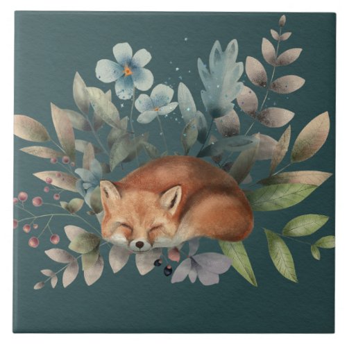 Fox With Flowers Cute Woodland Animal Art Painting Ceramic Tile