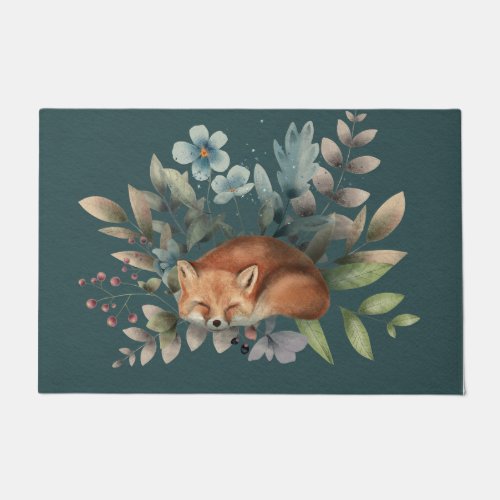 Fox With Flowers Cute Woodland Animal Art Painting Doormat