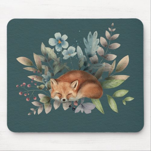 Fox With Flowers Cute Woodland Animal Art Painting Mouse Pad