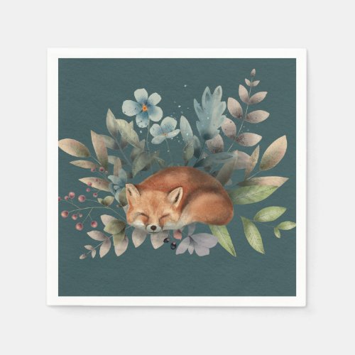 Fox With Flowers Cute Woodland Animal Art Painting Napkins