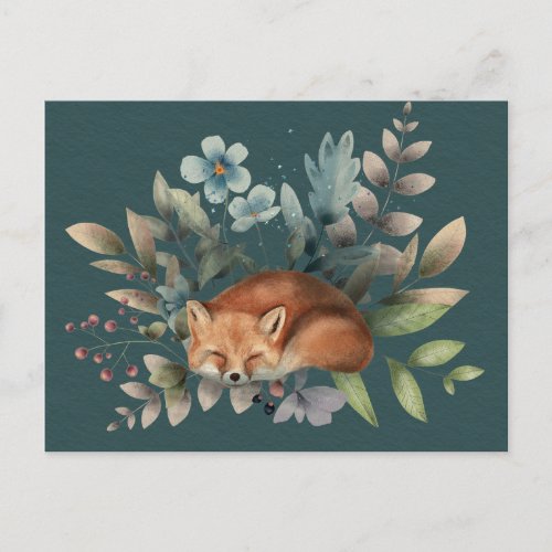 Fox With Flowers Cute Woodland Animal Art Painting Postcard