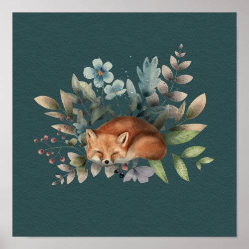 Fox With Flowers Cute Woodland Animal Art Painting Poster