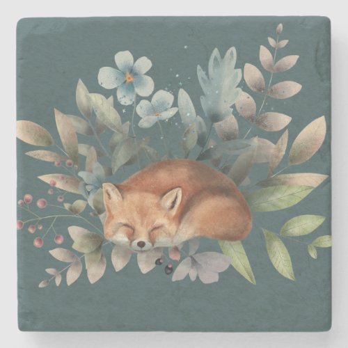 Fox With Flowers Cute Woodland Animal Art Painting Stone Coaster
