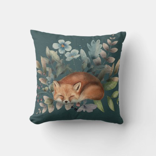 Fox With Flowers Cute Woodland Animal Art Painting Throw Pillow
