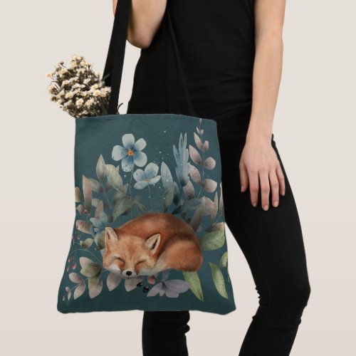 Fox With Flowers Cute Woodland Animal Art Painting Tote Bag