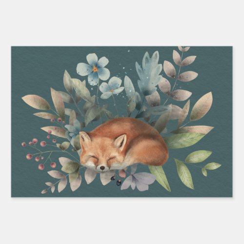 Fox With Flowers Cute Woodland Animal Art Painting Wrapping Paper Sheets