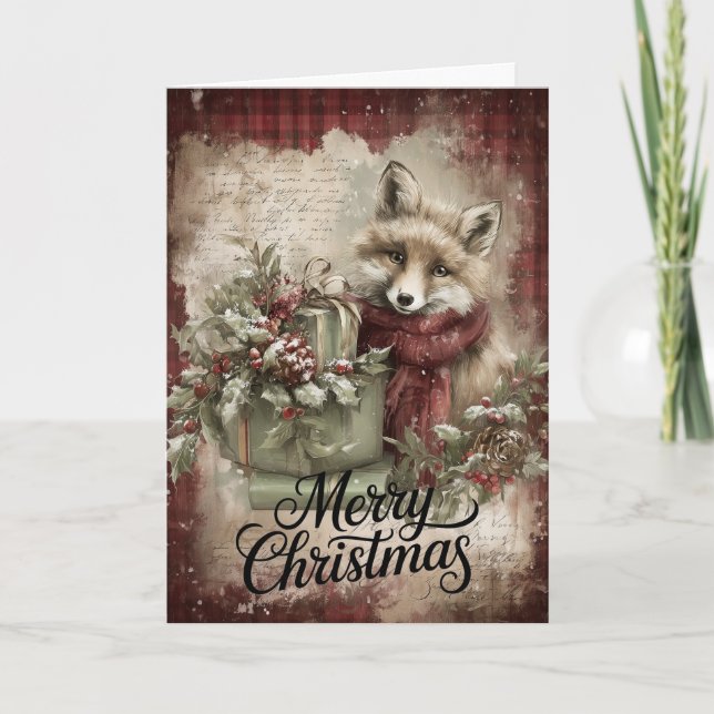  Fox with Gifts & Rustic Holiday Card (Front)