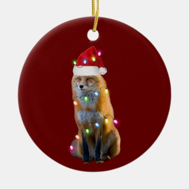 Fox With Hat Lights Christmas Ceramic Ornament (Front)