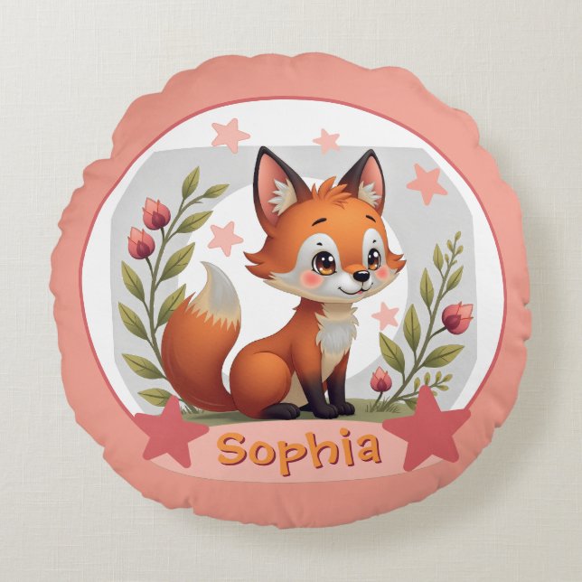 Fox With Name Typography Round Pillow (Front)