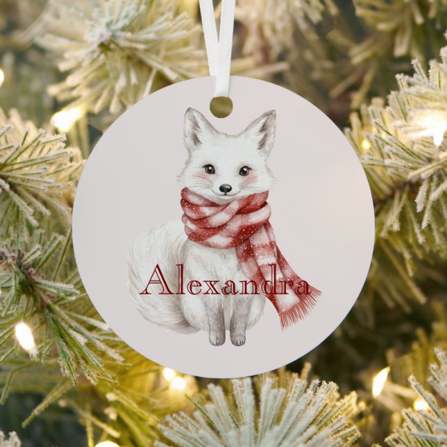 Fox with Peppermint Red White Scarf Metal Ornament (Insitu)