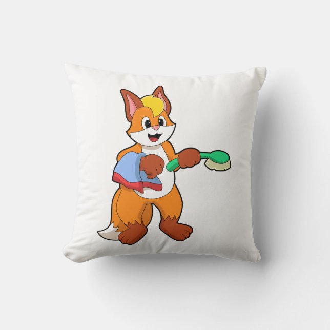 Fox with Towel & Brush Throw Pillow (Front)