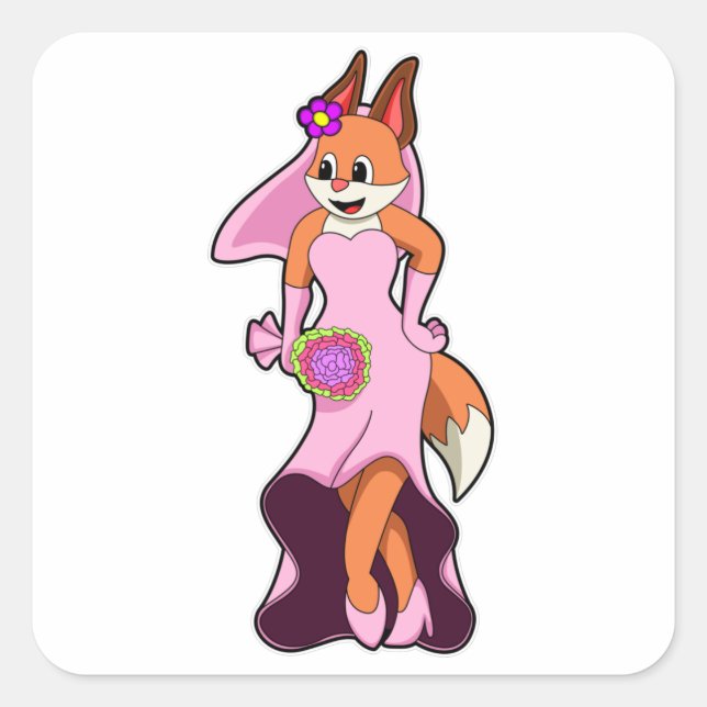 Fox with Wedding dress & Bunch of Flower Square Sticker (Front)