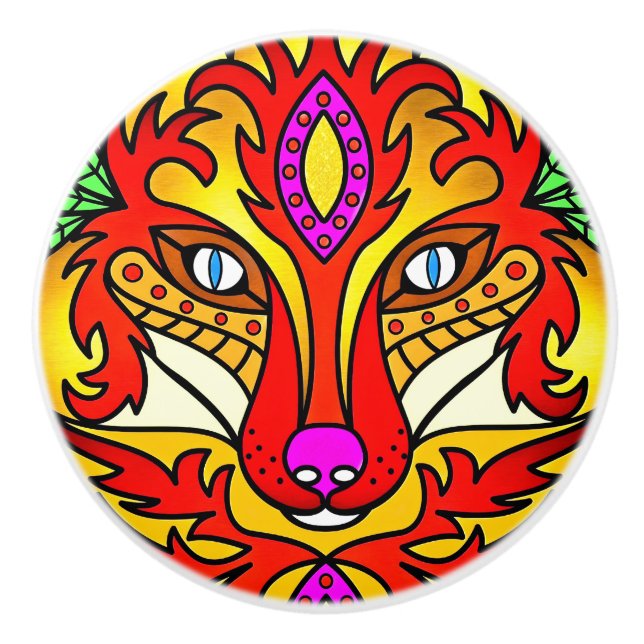 Fox  wolf boho abstract art red purple ceramic knob (Front)