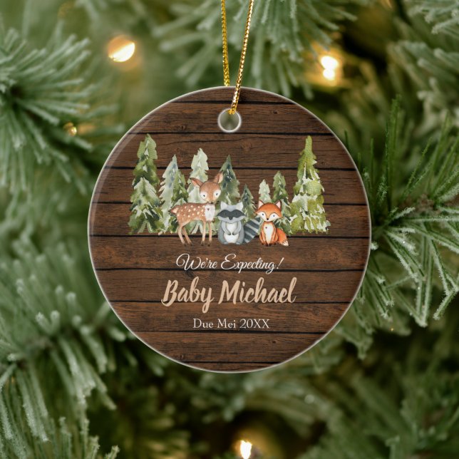 Fox Wood Woodland Animal We're Expecting Parents Ceramic Ornament (Tree)