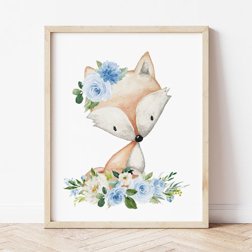 Fox Woodland Animals Boho Blue Flowers Photo Print