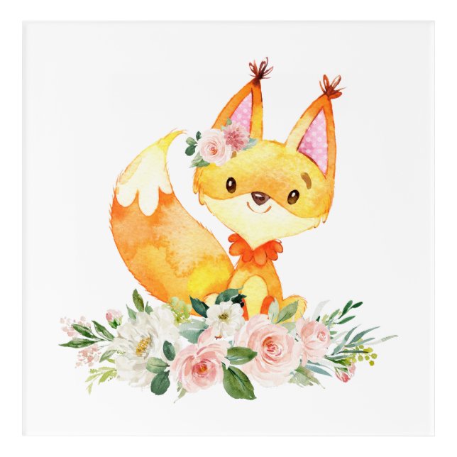 Fox, Woodland Animals, Boho, Pink Flowers Acrylic Print (Front)