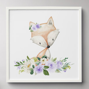 Fox, Woodland Animals, Boho, Purple Flowers Peel And Stick Photo Tile
