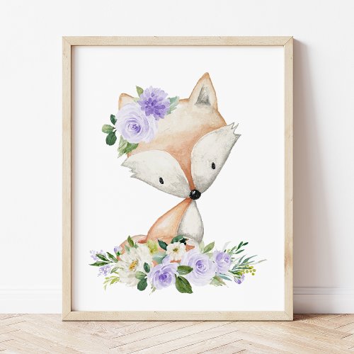 Fox Woodland Animals Boho Purple Flowers Poster