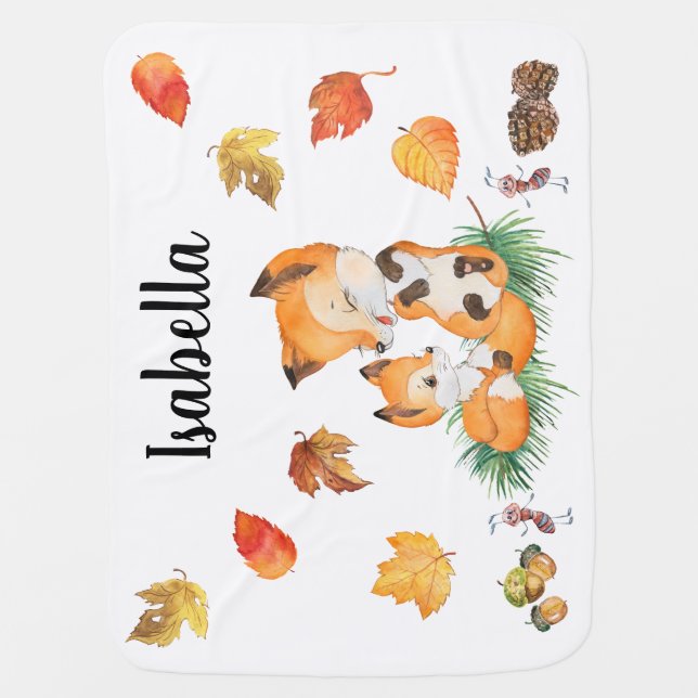  Fox Woodland Baby Blanket with Customizable Name (Front)