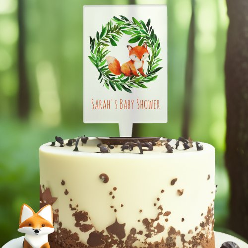 Fox Woodland Baby Shower Cute Watercolor Greenery Cake Topper