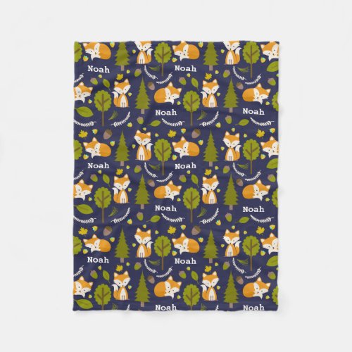 Fox Woodland Blue Personalized Fleece Blanket