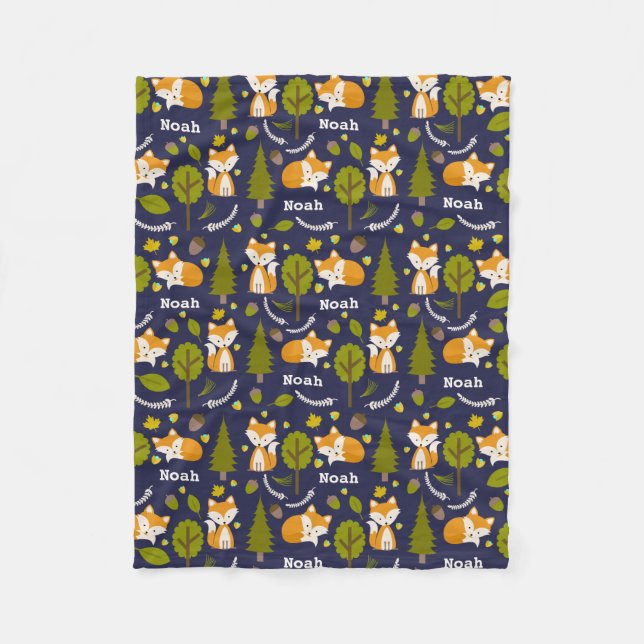 Fox Woodland Blue Personalized Fleece Blanket (Front)