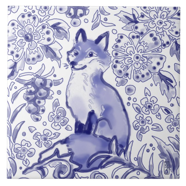 Fox Woodland Floral Blue Folk Nordic Drawing  Ceramic Tile (Front)