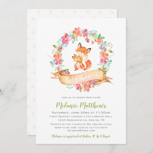 Fox Woodland  Floral Watercolor Wreath Baby Shower Invitation