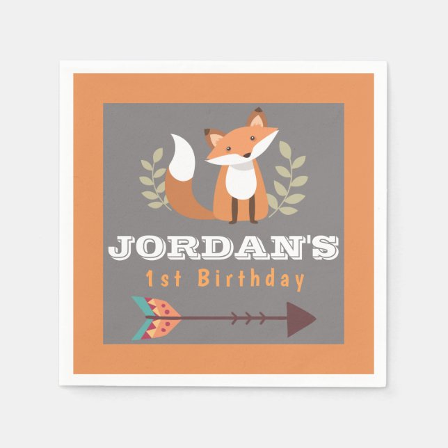 Fox Woodland Forest Critters Boho Kids Birthday Napkins (Front)