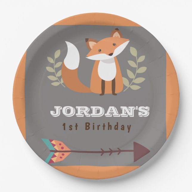 Fox Woodland Forest Critters Boho Kids Birthday Paper Plates (Front)