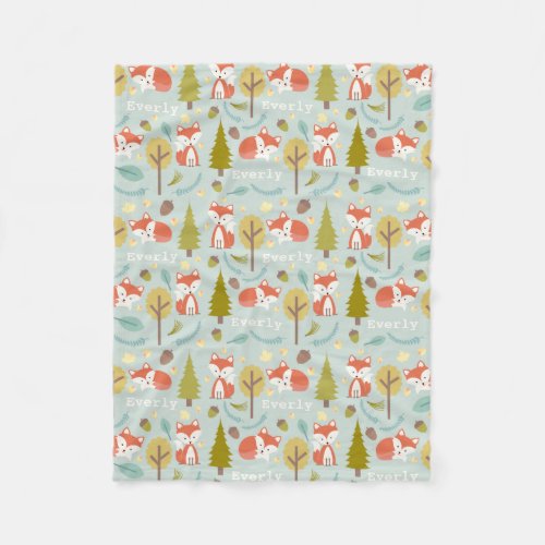 Fox Woodland Light Blue Personalized Fleece Blanket