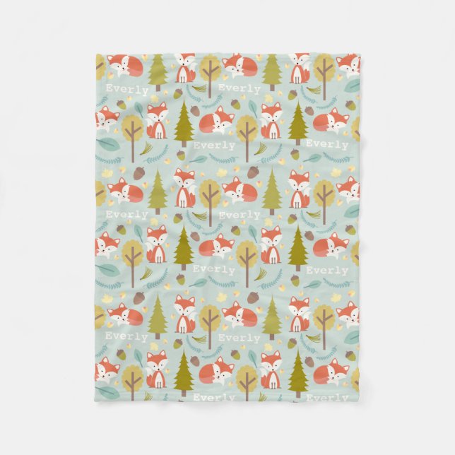 Fox Woodland Light Blue Personalized Fleece Blanket (Front)
